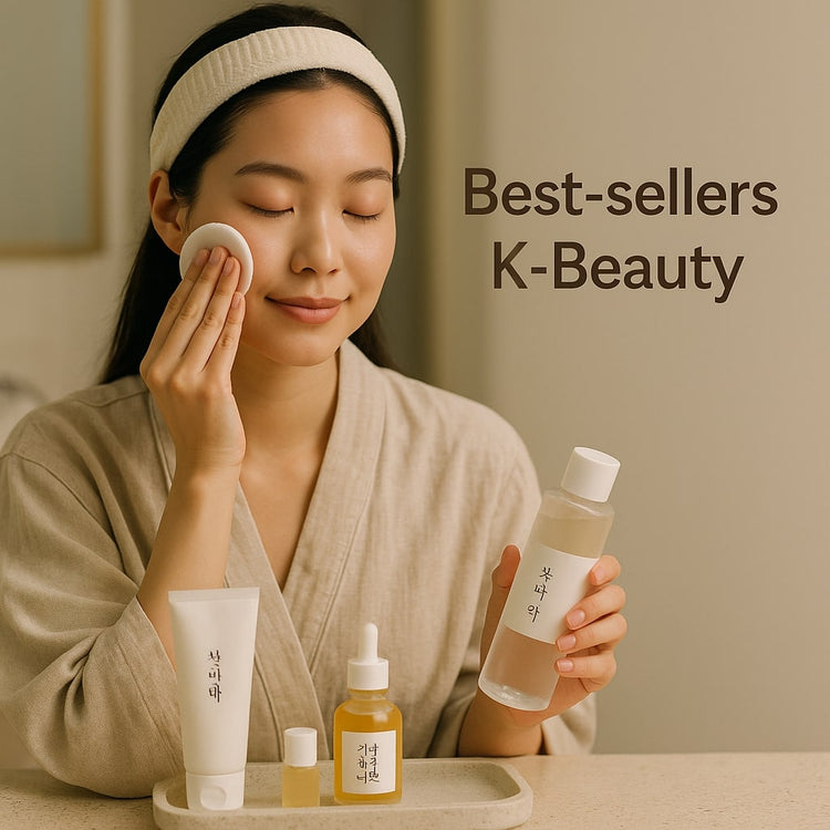 Bannière Best-sellers K-Beauty : femme appliquant un sérum coréen, peau lumineuse et produits incontournables.