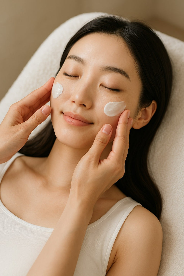 Femme appliquant une crème hydratante dans sa routine de soins visage coréens, pour une peau éclatante et apaisée
