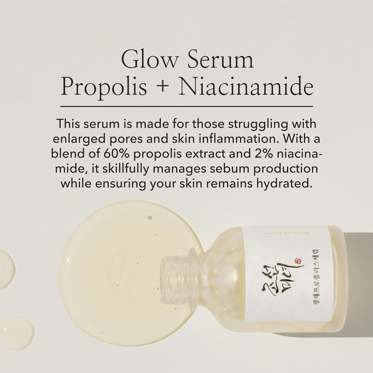 Composition du sérum Beauty of Joseon Glow Serum avec propolis et niacinamide, ingrédients clés pour éclat et anti-imperfections